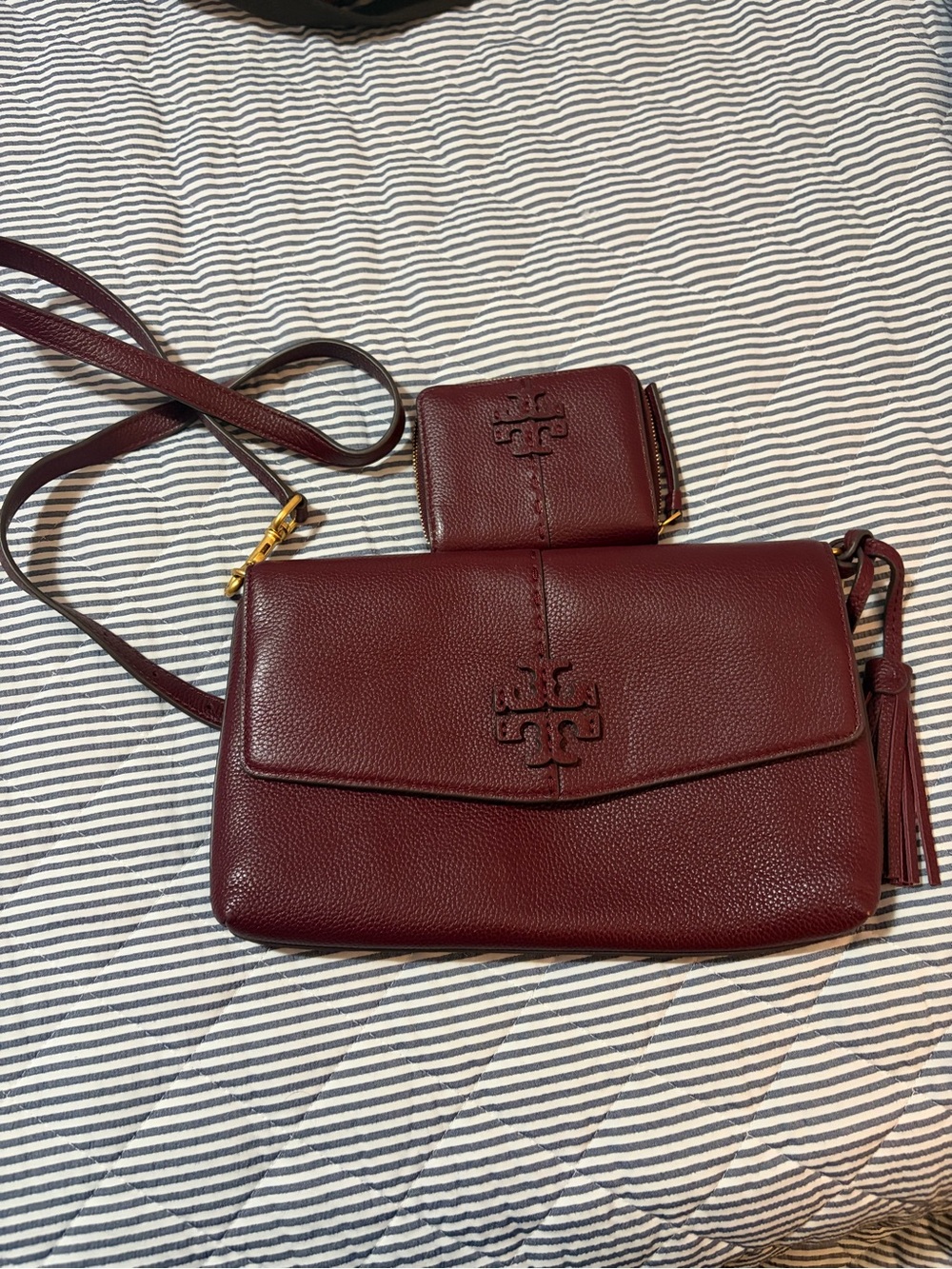 Tory Burch Wine/Burgundy Pebbled Leather Crossbody and Compact Wallet